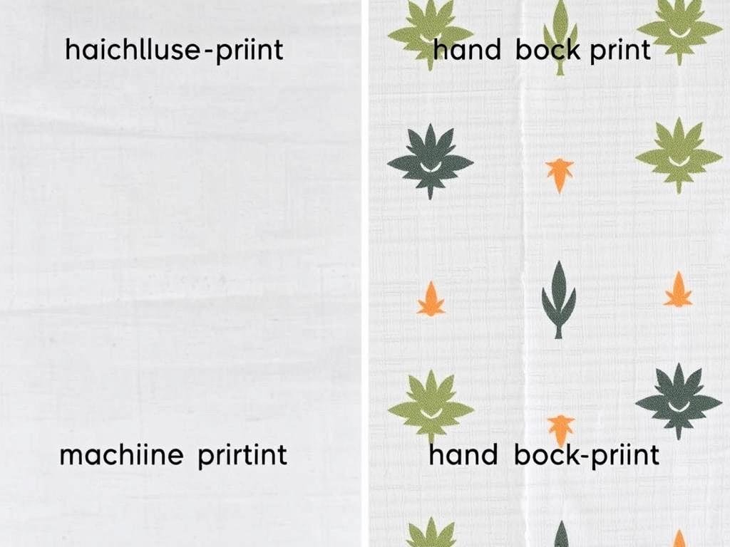 Close-up comparison of machine-printed fabric versus hand block printed fabric showing the differences in texture and character