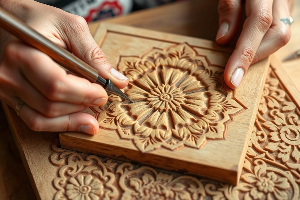 Craftsman carving intricate designs into wooden blocks for block printing