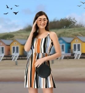 Beach resort with colorful cottages and a smiling woman in a striped dress wearing glasses and carrying a round black handbag, scenic background with blue skies and birds, promoting Psmaag luxury vacation rental services.