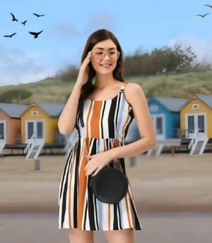 Beach resort with colorful cottages and a smiling woman in a striped dress wearing glasses and carrying a round black handbag, scenic background with blue skies and birds, promoting Psmaag luxury vacation rental services.