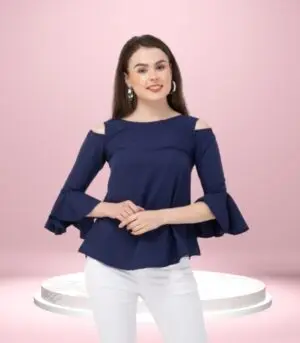 Women’s Top Navy Blue Solid American Crepe Top