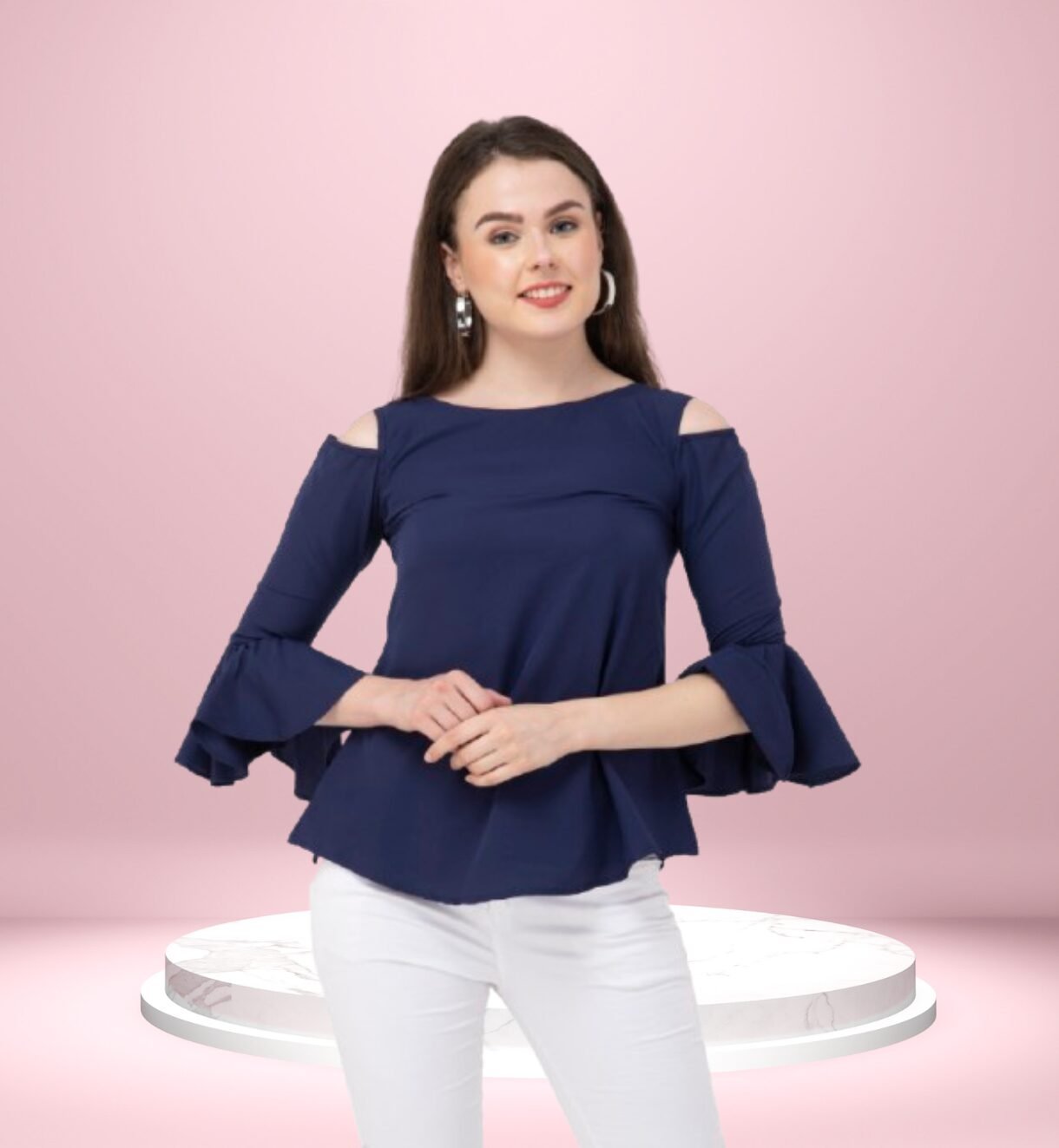 Women’s Top Navy Blue Solid American Crepe Top