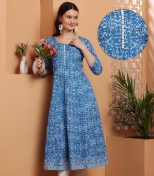 Women's Blue Screen Printed Anarkali