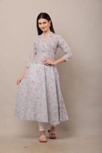 Grey Screen Printed Anarkali
