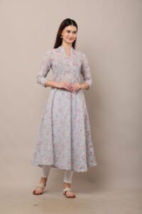 Grey Screen Printed Anarkali