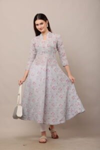Grey Screen Printed Anarkali