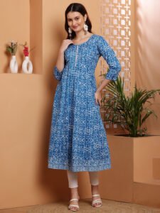 Blue Screen Printed Anarkali