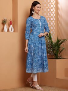 Blue Screen Printed Anarkali