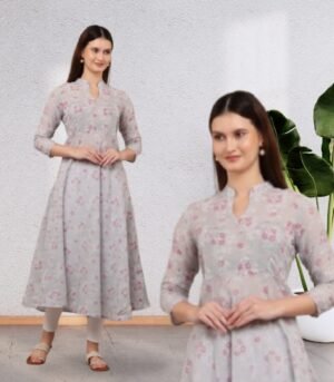 Grey Women's Block Printed Cotton Anarkali