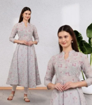 Grey Women's Block Printed Cotton Anarkali